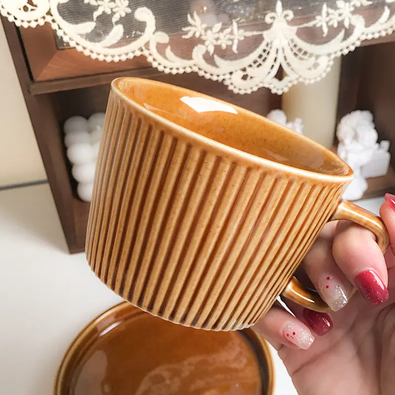 Nordic Style Simple Ceramic Mugs Solid Corrugated Coffee Cup Striped Latte Mugs Breakfast Milk Cup Saucer Sets
