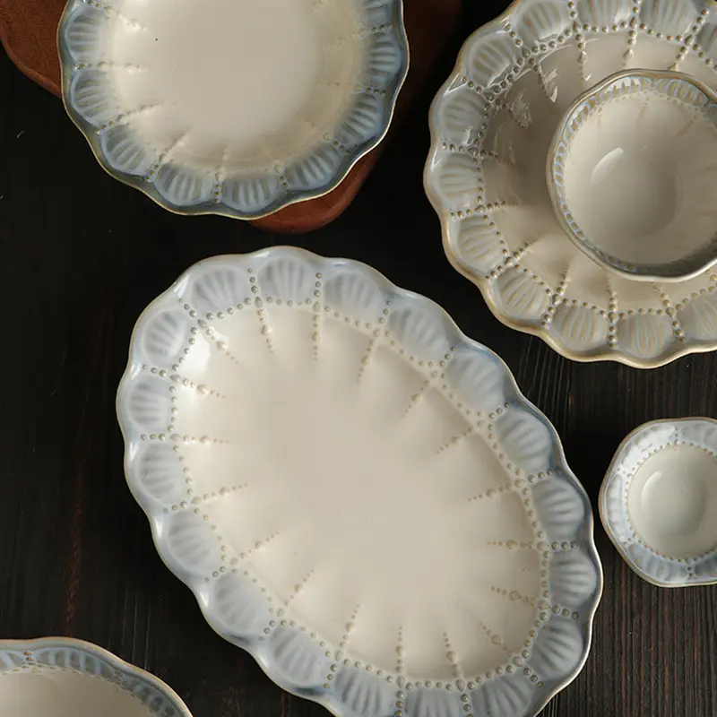Exquisite Ceramic Relief Tableware Household Sauce Bowl Rice Bowl Western Food Plate Soup Dish Binaural Bowl Fish Tray