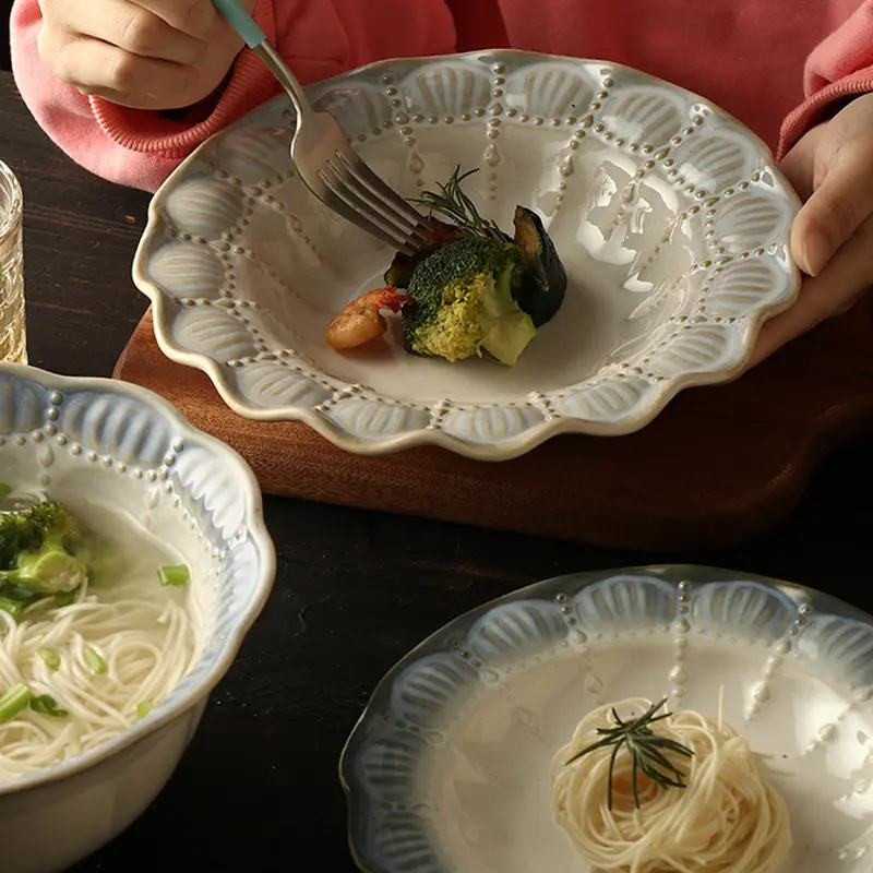 Exquisite Ceramic Relief Tableware Household Sauce Bowl Rice Bowl Western Food Plate Soup Dish Binaural Bowl Fish Tray