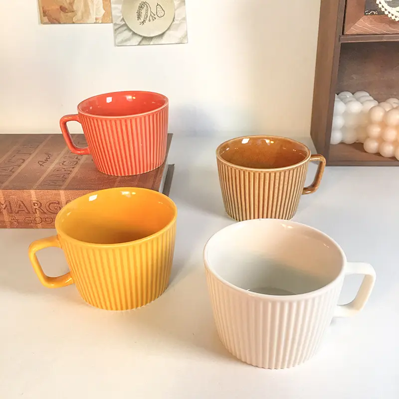 Nordic Style Simple Ceramic Mugs Solid Corrugated Coffee Cup Striped Latte Mugs Breakfast Milk Cup Saucer Sets