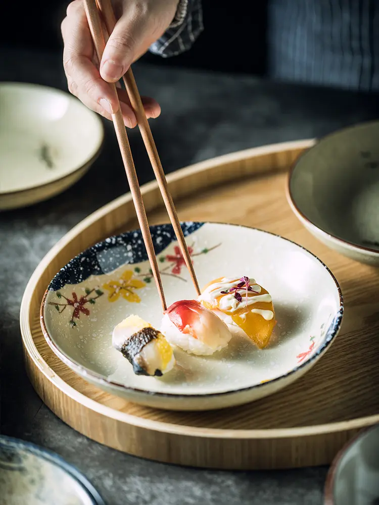 Japanese Retro Ceramic Deep Dish Hand-painted Round Food Plate Household Sushi Plate Kitchen Tableware