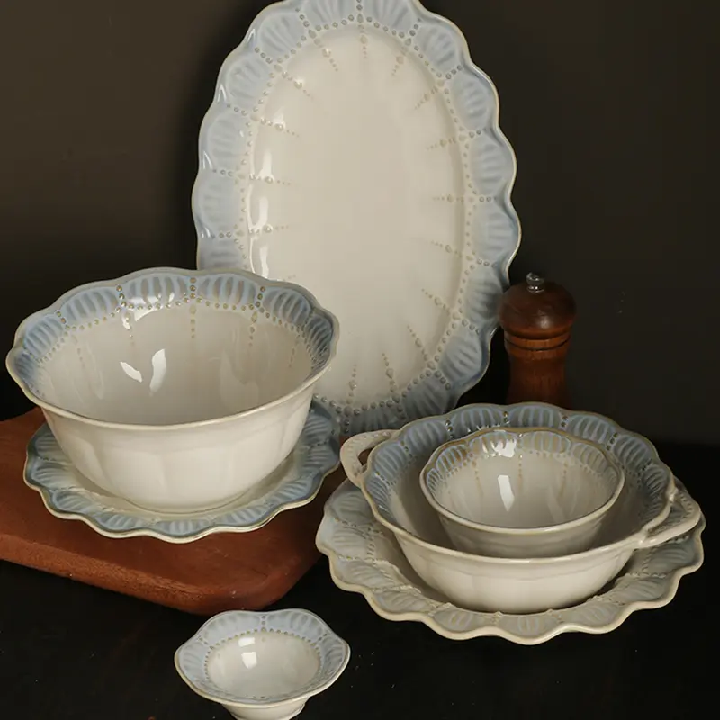 Exquisite Ceramic Relief Tableware Household Sauce Bowl Rice Bowl Western Food Plate Soup Dish Binaural Bowl Fish Tray