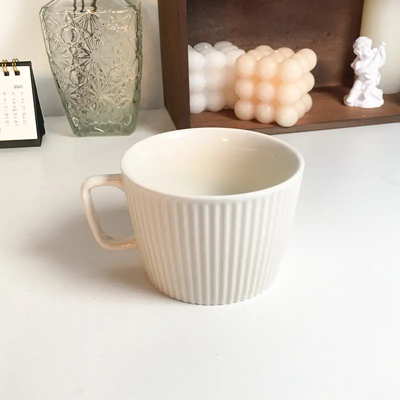 Nordic Style Simple Ceramic Mugs Solid Corrugated Coffee Cup Striped Latte Mugs Breakfast Milk Cup Saucer Sets