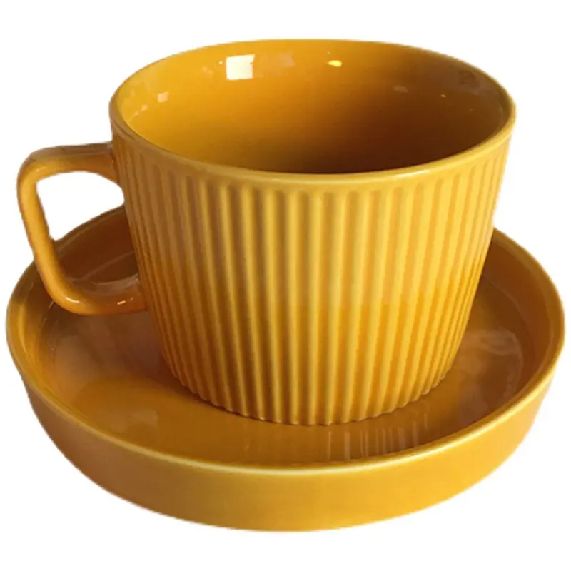 Nordic Style Simple Ceramic Mugs Solid Corrugated Coffee Cup Striped Latte Mugs Breakfast Milk Cup Saucer Sets
