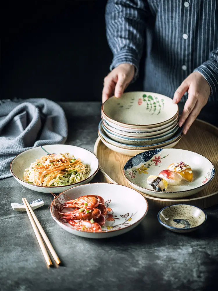 Japanese Retro Ceramic Deep Dish Hand-painted Round Food Plate Household Sushi Plate Kitchen Tableware