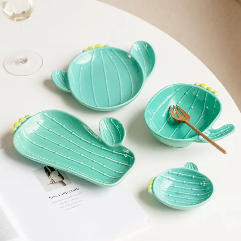 Creative Ceramic Cactus Plate Household Breakfast Snack Tray Afternoon Tea Dessert Plate Dipping Saucer Bowl
