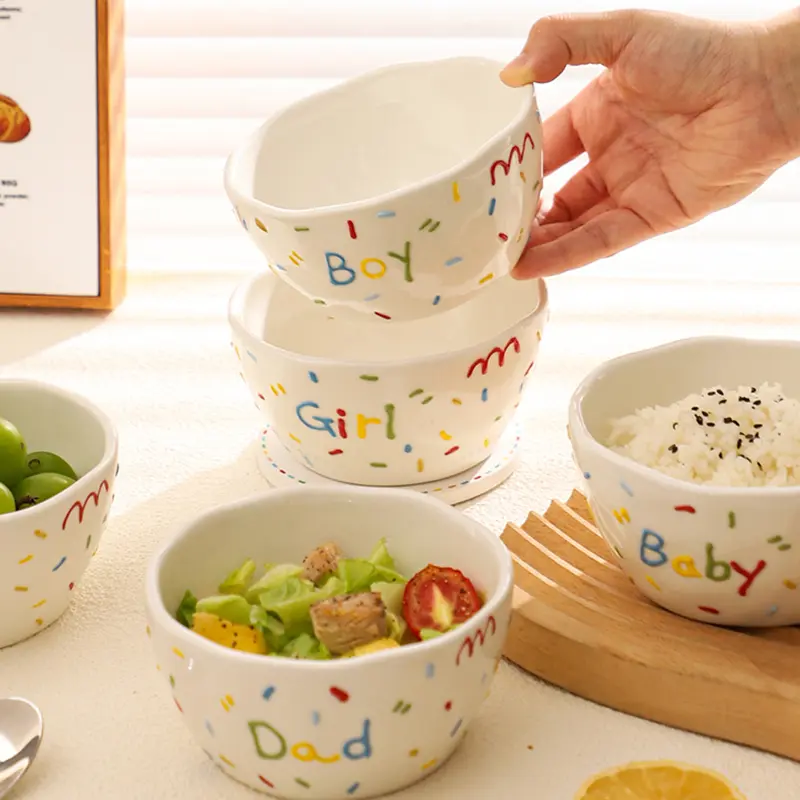 Delicate Rice Bowl 4 Pieces Ceramic Underglaze Fruit Breakfast Bowl Letter Printed Salad Bowl Tableware Gift