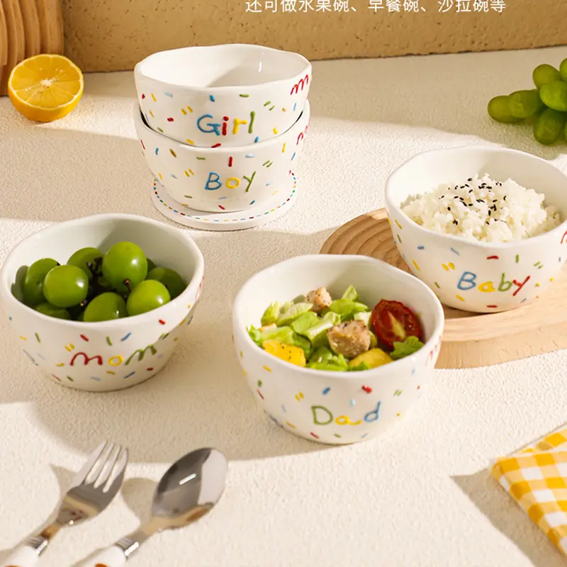Delicate Rice Bowl 4 Pieces Ceramic Underglaze Fruit Breakfast Bowl Letter Printed Salad Bowl Tableware Gift