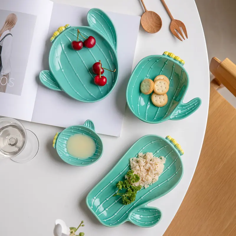 Creative Ceramic Cactus Plate Household Breakfast Snack Tray Afternoon Tea Dessert Plate Dipping Saucer Bowl