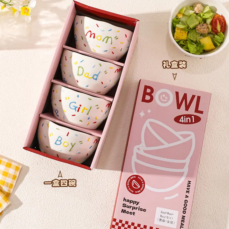 Delicate Rice Bowl 4 Pieces Ceramic Underglaze Fruit Breakfast Bowl Letter Printed Salad Bowl Tableware Gift