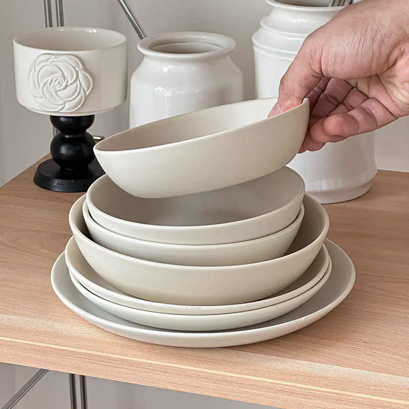 Beige Ceramic Fruit Salad Bowl Solid Colour Simple Deep Tray Home Spaghetti Plate Fruit Dish Tableware