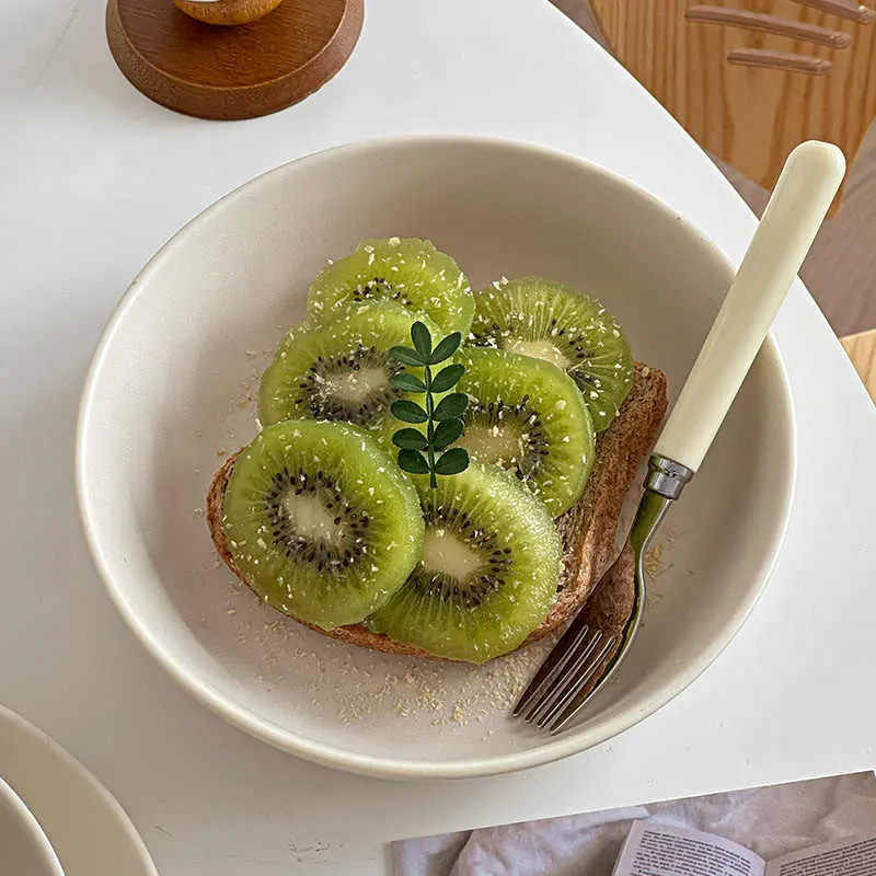 Beige Ceramic Fruit Salad Bowl Solid Colour Simple Deep Tray Home Spaghetti Plate Fruit Dish Tableware