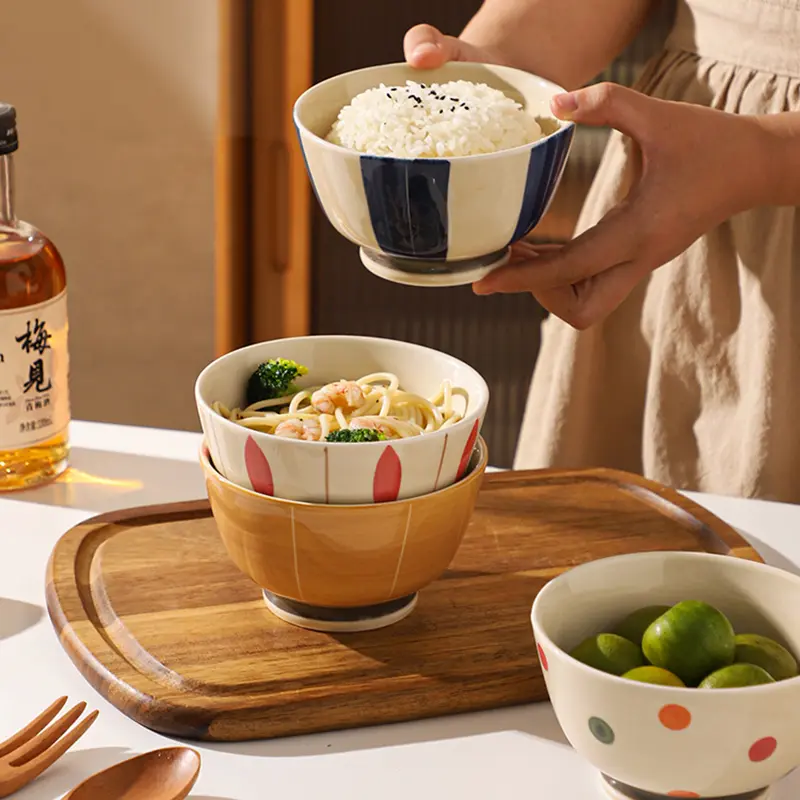 Japanese Ceramic Bowl 4 Pieces Household Underglaze Colour Rice Bowl Exquisite Gift Fruit Salad Bowl Tableware