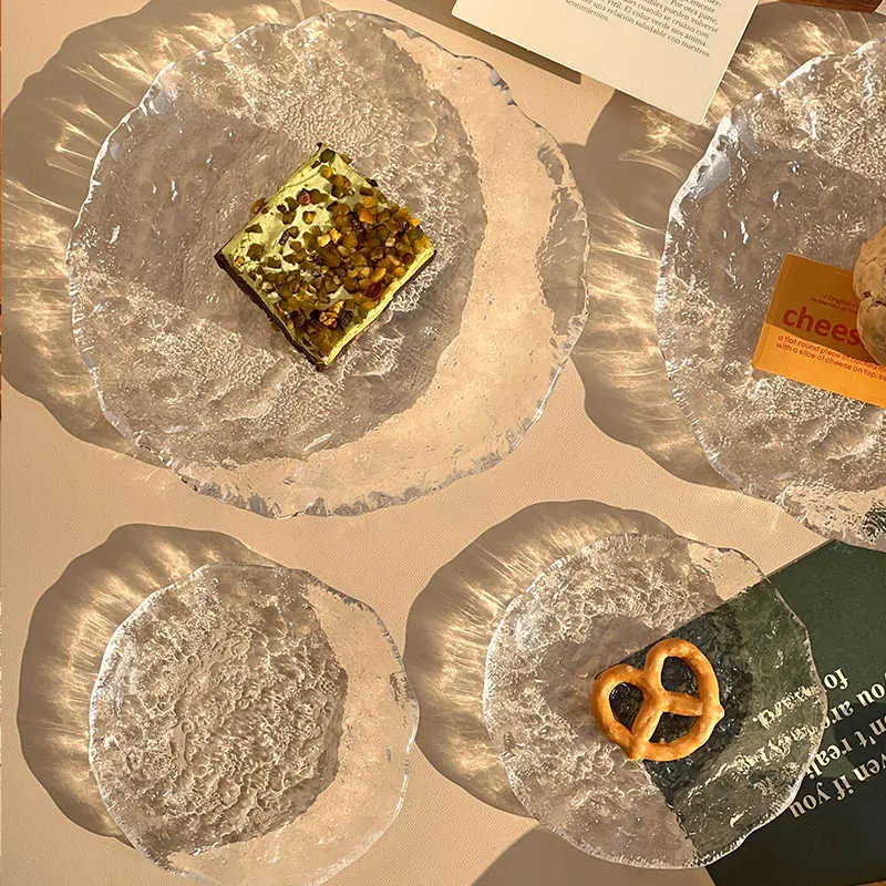Irregular Fruit Plate Glass Dish Glacier Pattern Dessert Plates Household Snack Tray Dipping Saucer Simple Tableware