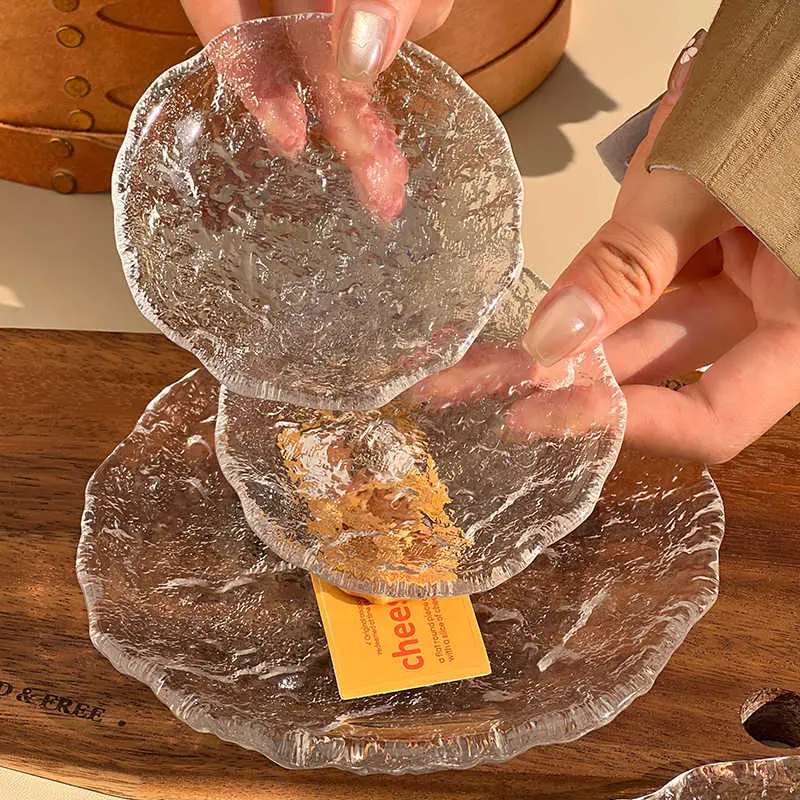 Irregular Fruit Plate Glass Dish Glacier Pattern Dessert Plates Household Snack Tray Dipping Saucer Simple Tableware