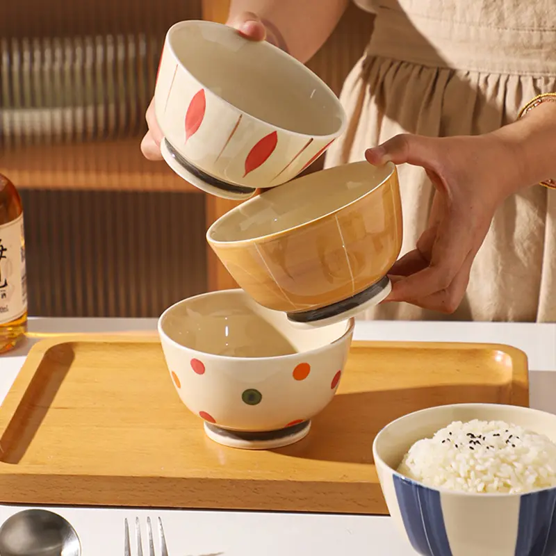 Japanese Ceramic Bowl 4 Pieces Household Underglaze Colour Rice Bowl Exquisite Gift Fruit Salad Bowl Tableware