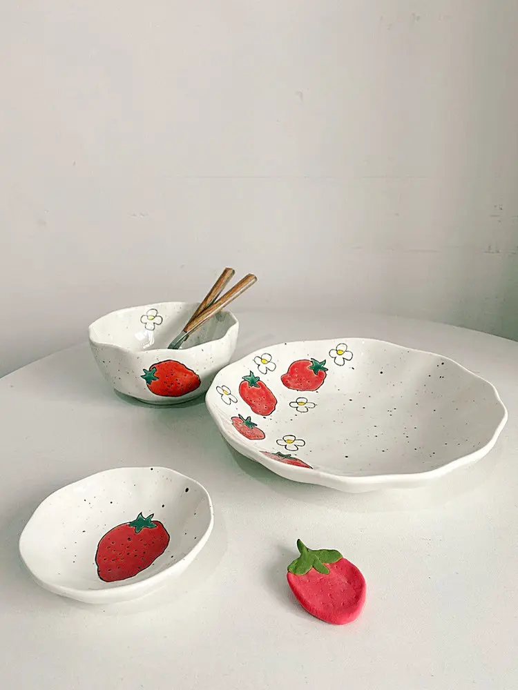 Hand-painted Rough Pottery Tableware Home Seasoning Dipping Sauce Dish Breakfast Fruit Salad Bread Plate Oatmeal Yogurt Bowl