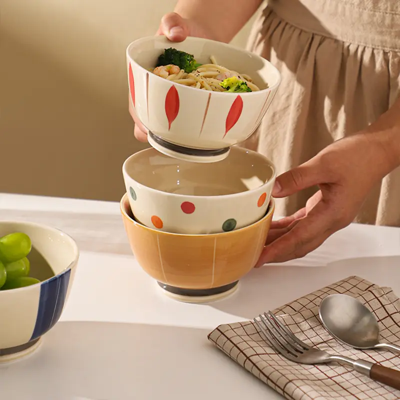 Japanese Ceramic Bowl 4 Pieces Household Underglaze Colour Rice Bowl Exquisite Gift Fruit Salad Bowl Tableware