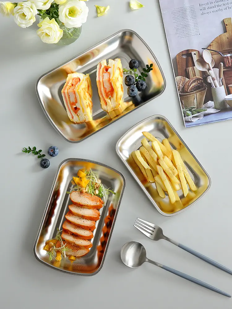 Household Stainless Steel Rectangle Dinner Plate Barbecue Cutlery Kitchen Tray Simple Fruit Snack Plate 3pcs Set