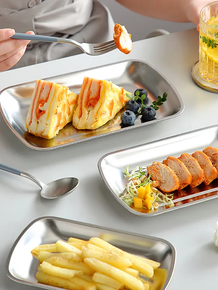 Household Stainless Steel Rectangle Dinner Plate Barbecue Cutlery Kitchen Tray Simple Fruit Snack Plate 3pcs Set