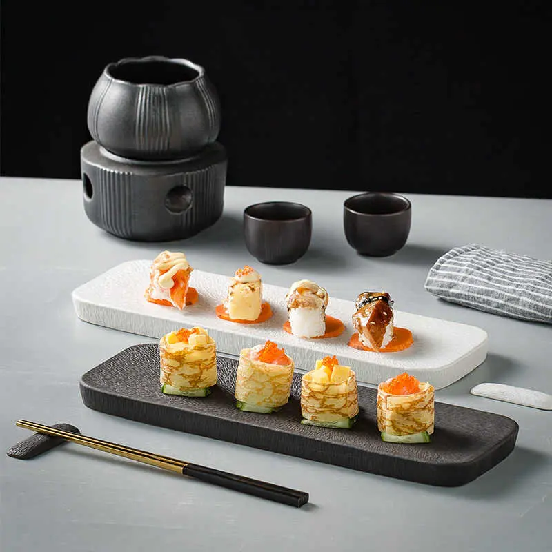 Exquisite Solid Colour Rectangular Ceramic Sushi Plate Creative Breakfast Dish Household Dessert Pastry Tray Tableware