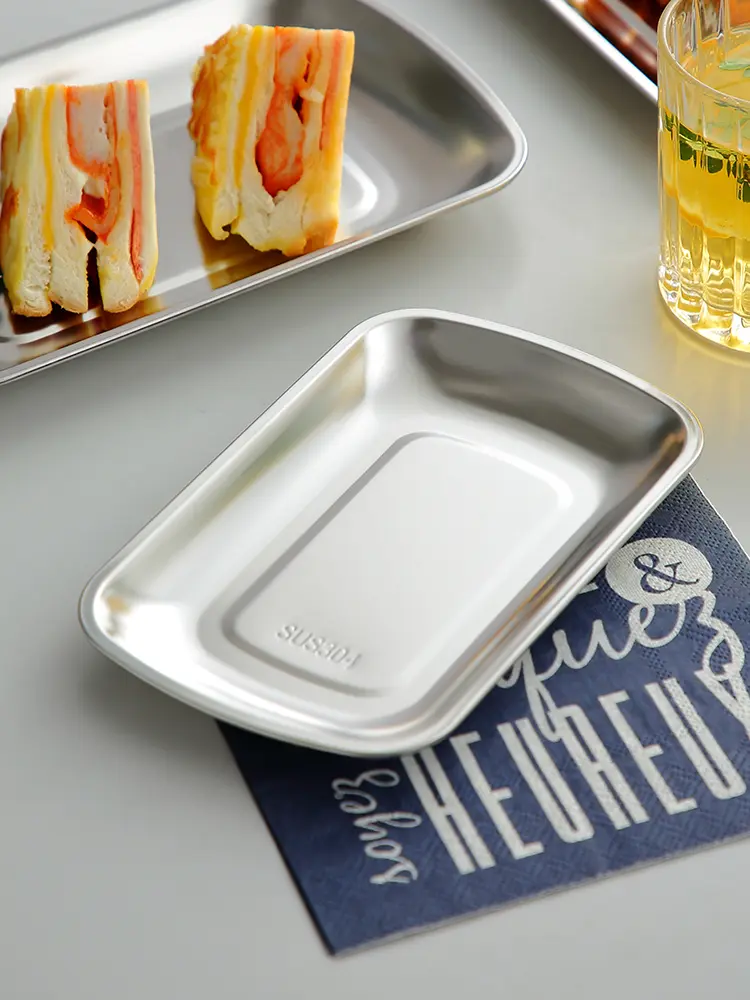 Household Stainless Steel Rectangle Dinner Plate Barbecue Cutlery Kitchen Tray Simple Fruit Snack Plate 3pcs Set