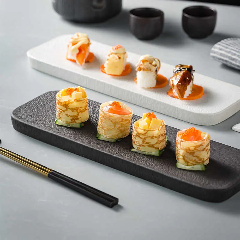 Exquisite Solid Colour Rectangular Ceramic Sushi Plate Creative Breakfast Dish Household Dessert Pastry Tray Tableware