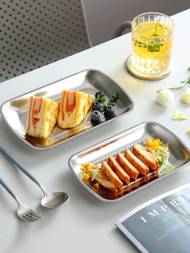 Household Stainless Steel Rectangle Dinner Plate Barbecue Cutlery Kitchen Tray Simple Fruit Snack Plate 3pcs Set