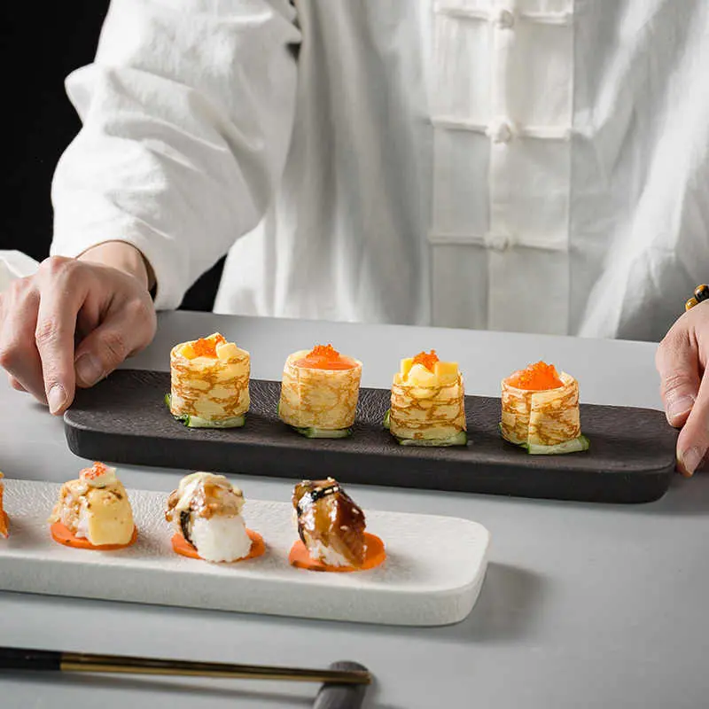 Exquisite Solid Colour Rectangular Ceramic Sushi Plate Creative Breakfast Dish Household Dessert Pastry Tray Tableware