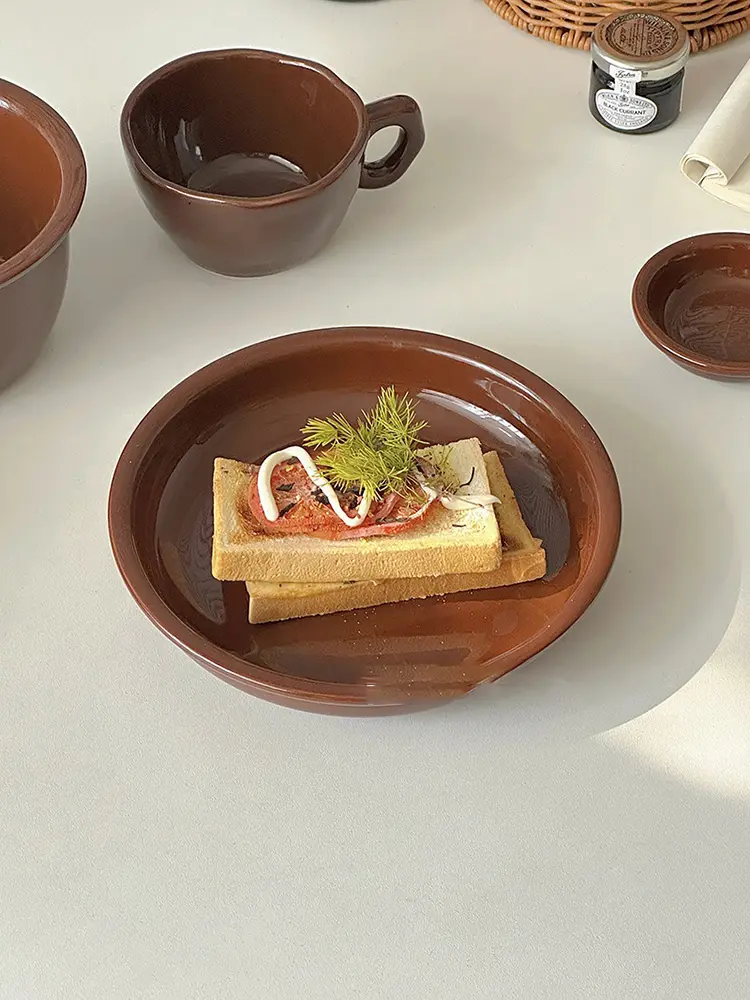 French Vintage Brown Ceramic Tableware Solid Colour Western Food Plate Rice Bowl Coffee Cup Spice Plate Dessert Bowl