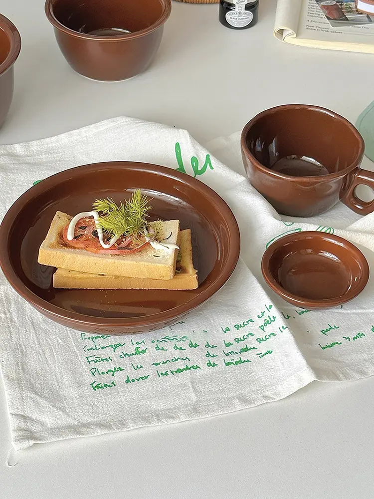French Vintage Brown Ceramic Tableware Solid Colour Western Food Plate Rice Bowl Coffee Cup Spice Plate Dessert Bowl