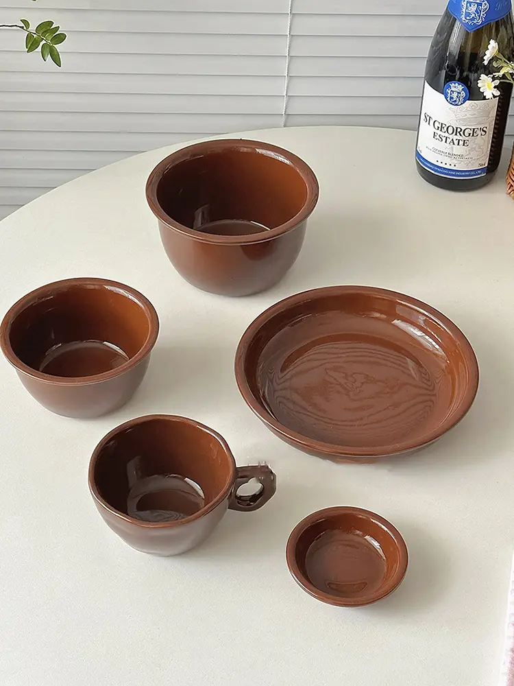 French Vintage Brown Ceramic Tableware Solid Colour Western Food Plate Rice Bowl Coffee Cup Spice Plate Dessert Bowl