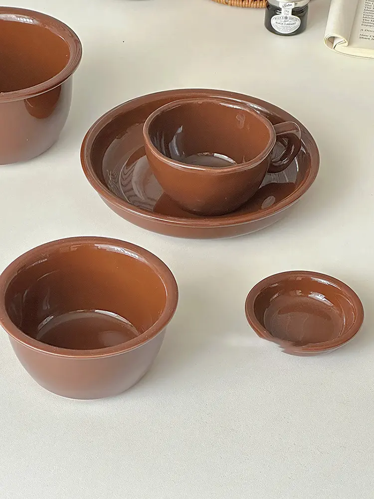 French Vintage Brown Ceramic Tableware Solid Colour Western Food Plate Rice Bowl Coffee Cup Spice Plate Dessert Bowl