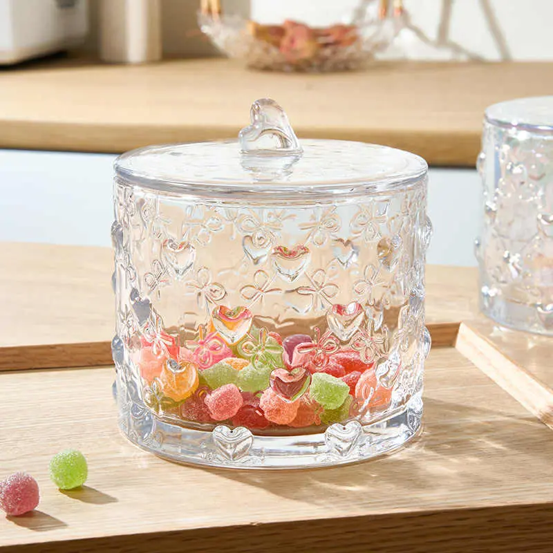 Exquisite Candy Jar Glass Storage Jar With Lid Cotton Swab Box French Embossed Snacks Nuts Storage Jar Ornaments