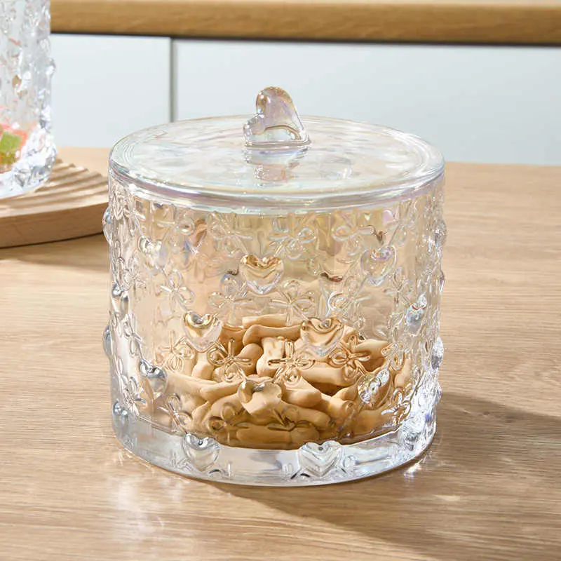 Exquisite Candy Jar Glass Storage Jar With Lid Cotton Swab Box French Embossed Snacks Nuts Storage Jar Ornaments