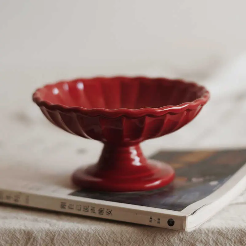 Vintage Ceramic Tall Plate Living Room Dessert Pastry Nut Plates Afternoon Tea Tableware Solid Colour Tray