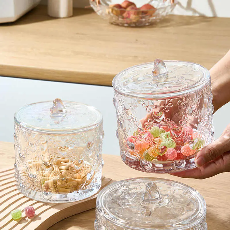 Exquisite Candy Jar Glass Storage Jar With Lid Cotton Swab Box French Embossed Snacks Nuts Storage Jar Ornaments