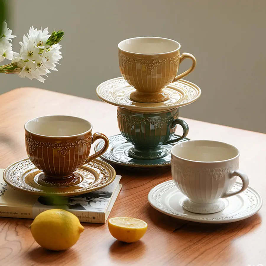 French Retro Ceramic Coffee Cups And Saucers Exquisite Afternoon Tea Drinkware Breakfast Milk Cup Pastry Dish 250ml