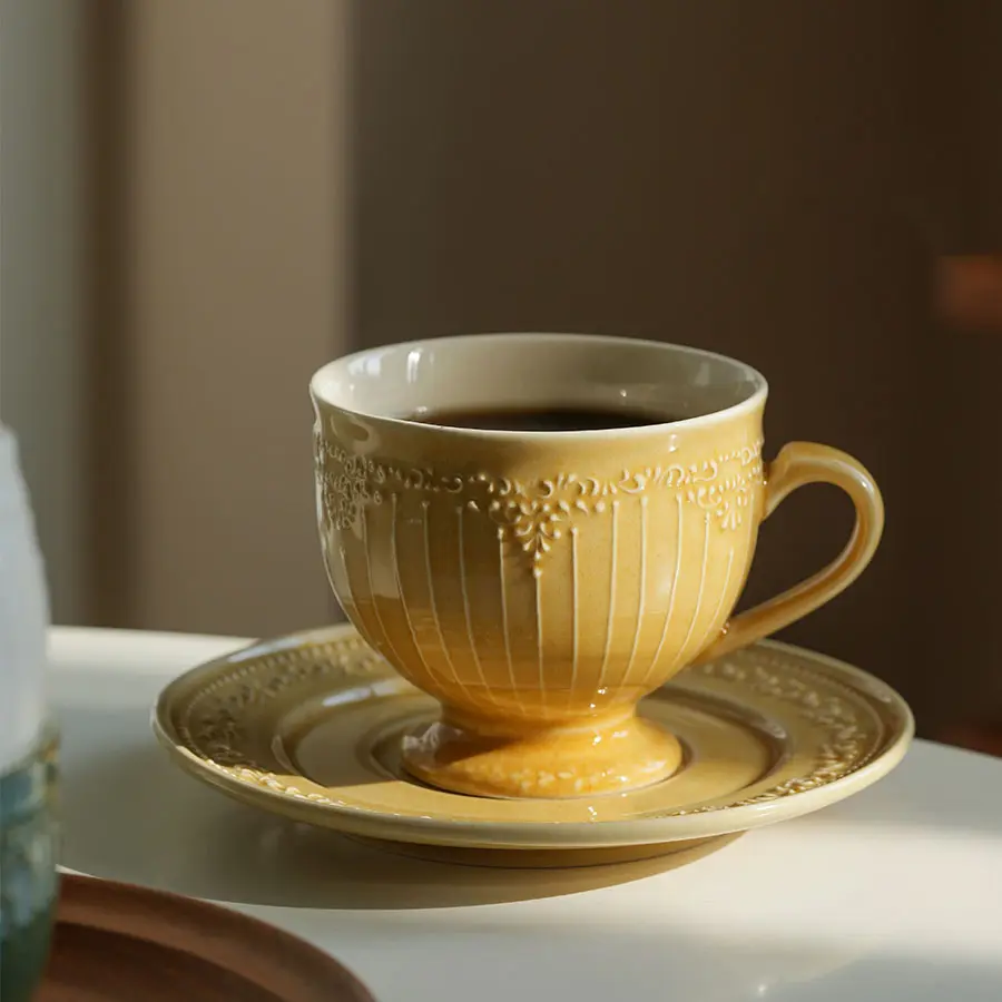 French Retro Ceramic Coffee Cups And Saucers Exquisite Afternoon Tea Drinkware Breakfast Milk Cup Pastry Dish 250ml