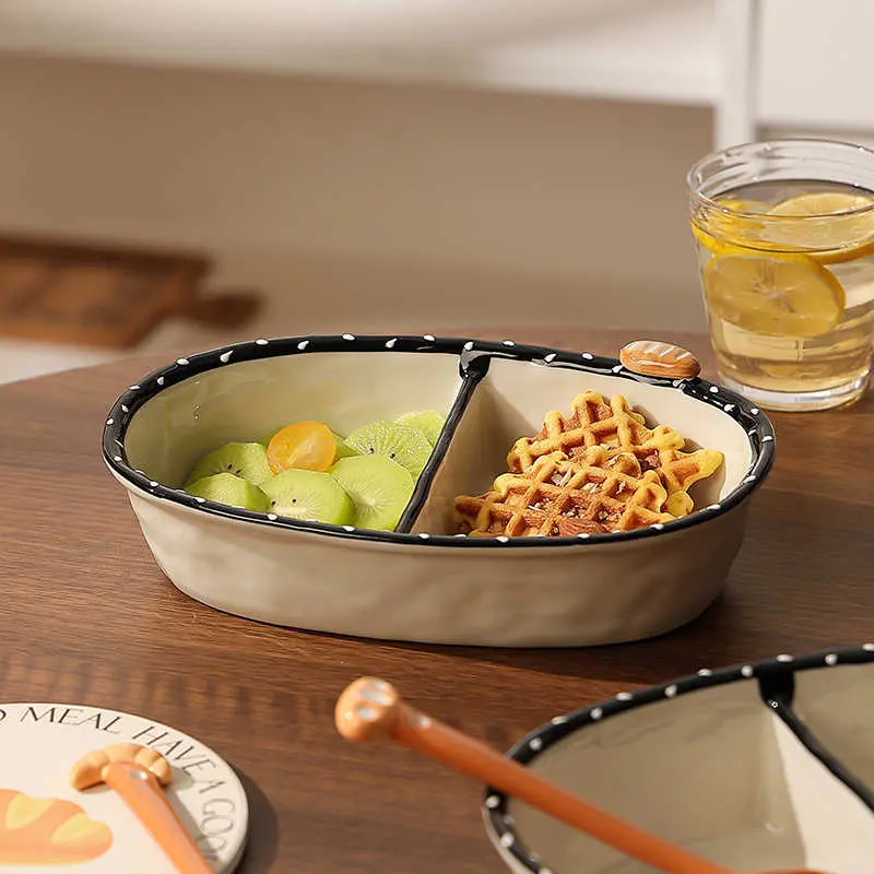 Light Luxury Compartment Plate Household Ceramic Fruit Salad Dish Underglaze Colour Bread Plate Breakfast Tray