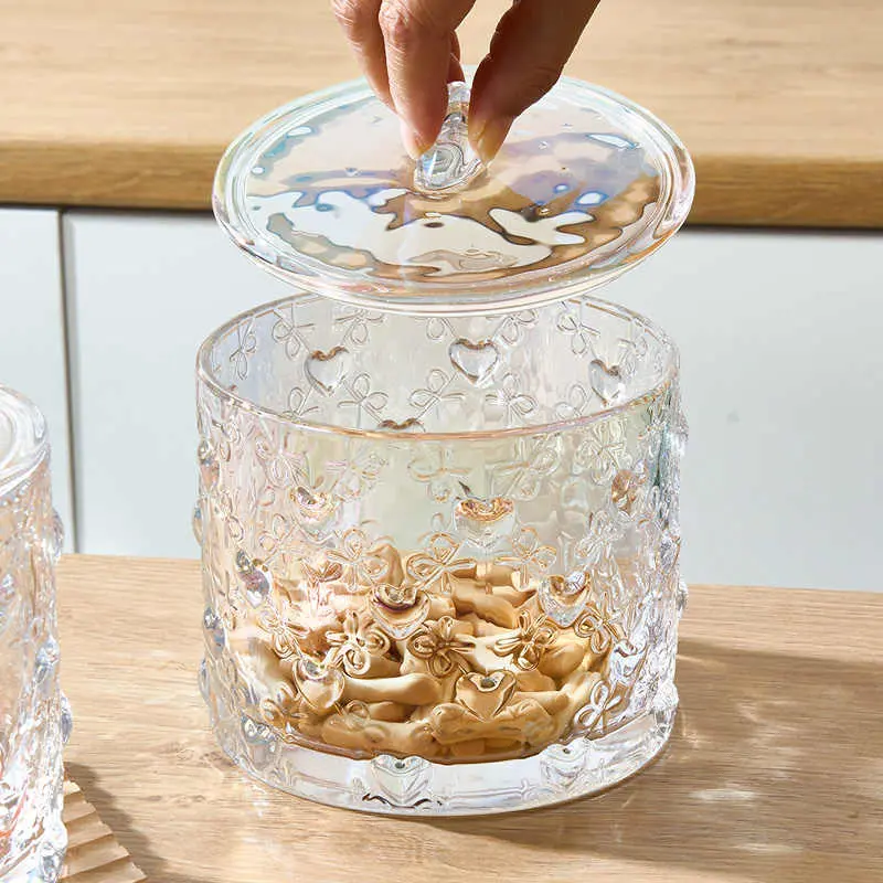 Exquisite Candy Jar Glass Storage Jar With Lid Cotton Swab Box French Embossed Snacks Nuts Storage Jar Ornaments