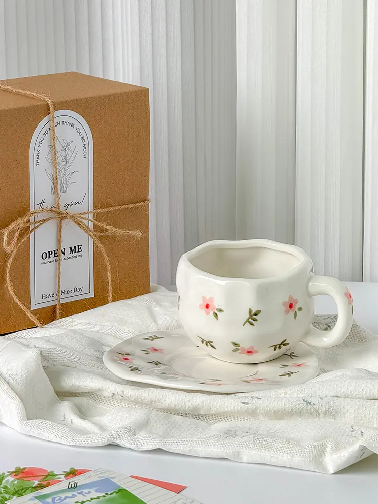Ceramic Floral Coffee Cups And Saucers Irregular Mugs Afternoon Tea Drinkware 300ml Breakfast Milk Cups Snack Plates