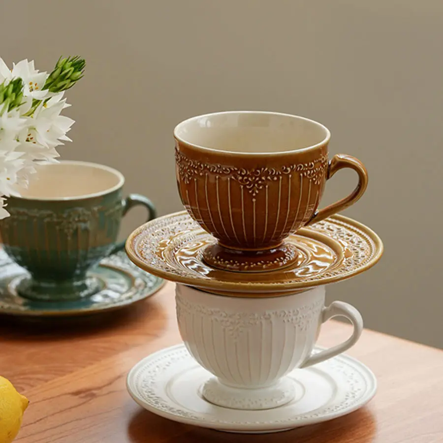 French Retro Ceramic Coffee Cups And Saucers Exquisite Afternoon Tea Drinkware Breakfast Milk Cup Pastry Dish 250ml