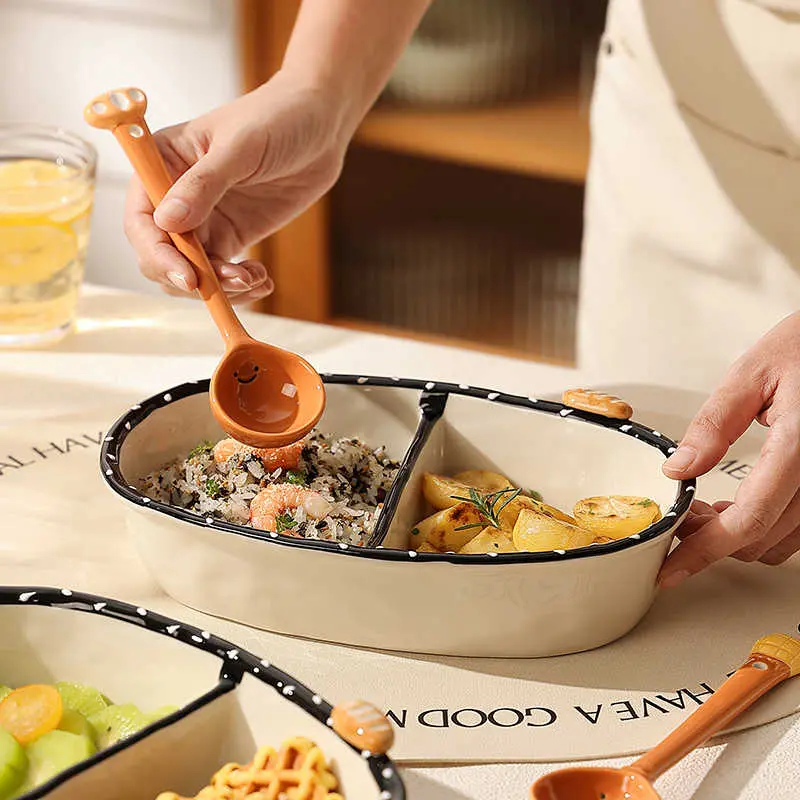 Light Luxury Compartment Plate Household Ceramic Fruit Salad Dish Underglaze Colour Bread Plate Breakfast Tray