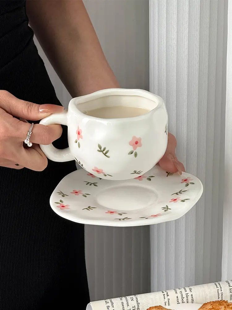 Ceramic Floral Coffee Cups And Saucers Irregular Mugs Afternoon Tea Drinkware 300ml Breakfast Milk Cups Snack Plates