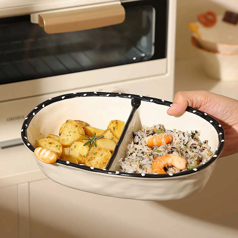 Light Luxury Compartment Plate Household Ceramic Fruit Salad Dish Underglaze Colour Bread Plate Breakfast Tray