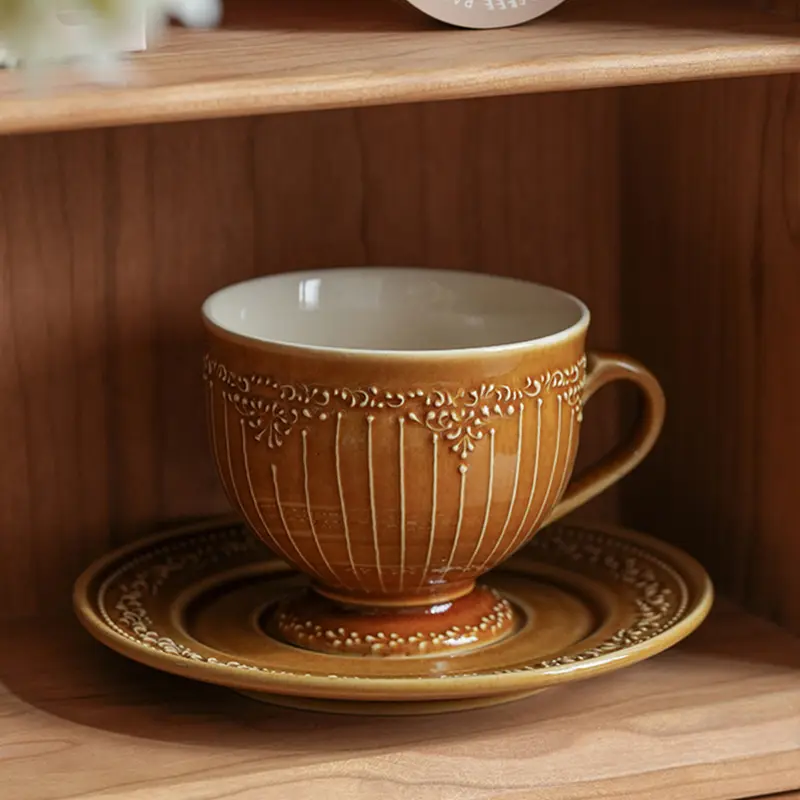 French Retro Ceramic Coffee Cups And Saucers Exquisite Afternoon Tea Drinkware Breakfast Milk Cup Pastry Dish 250ml