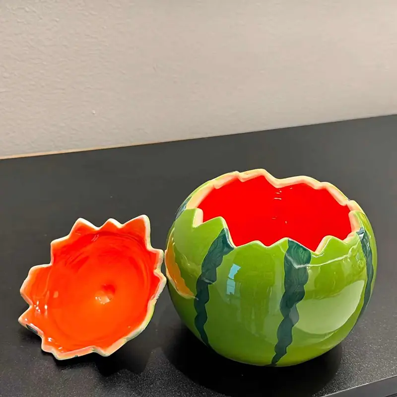 Creative Ceramic Watermelon Cup With Lid Cartoon Cute Fruit Yogurt Salad Mug 610ml Household Drinkware Girls Birthday Gift