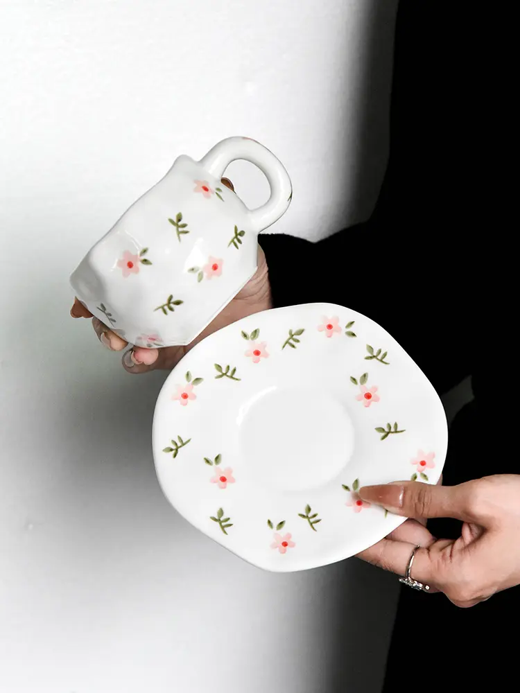 Ceramic Floral Coffee Cups And Saucers Irregular Mugs Afternoon Tea Drinkware 300ml Breakfast Milk Cups Snack Plates