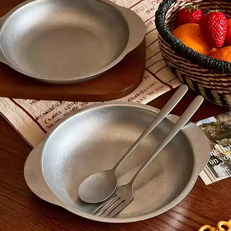 Vintage 304 Stainless Steel Binaural Plate Simple Curry Rice Plates Restaurant Snack Tray Fruit Salad Disc Household Tableware